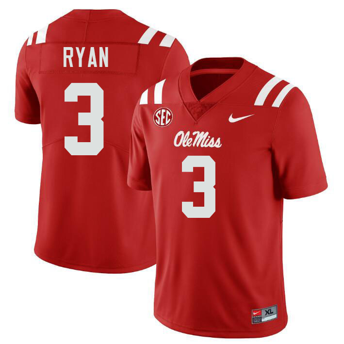 Ole Miss Rebels #3 Sage Ryan College Football Jerseys Stitched-Red